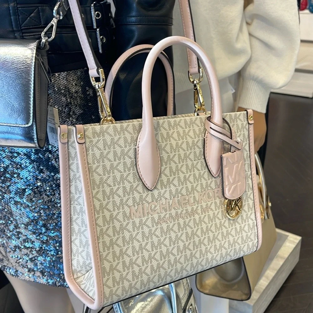 Michael Kors Mirella Small Shopper Top Zip Crossbody Bag Powder Blush Multi Logo